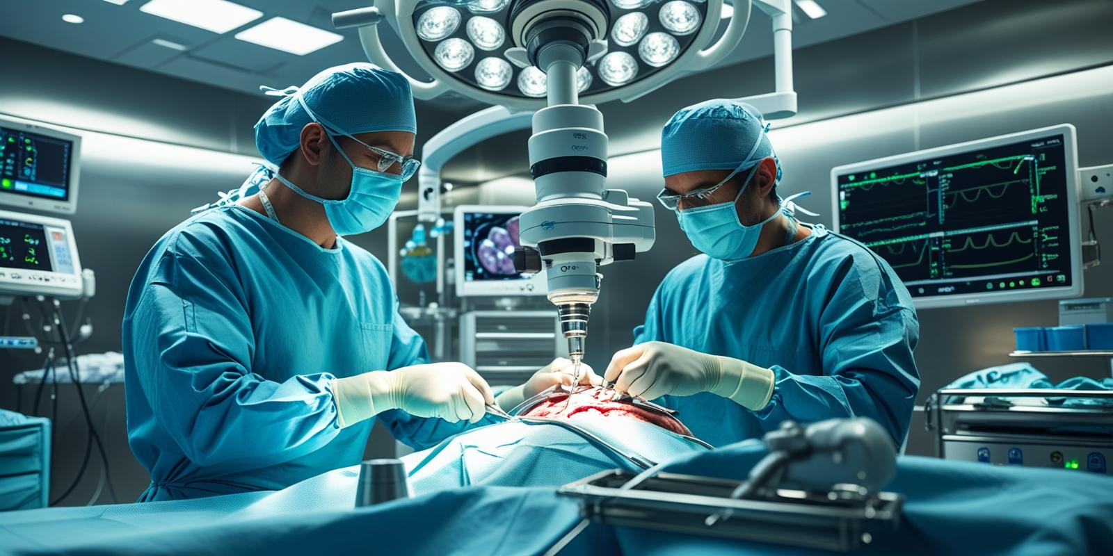 Modern neurosurgery operating room with surgeons wearing scrubs and masks performing brain surgery using advanced medical equipment and surgical microscope, bright clean hospital environment, no patients visible